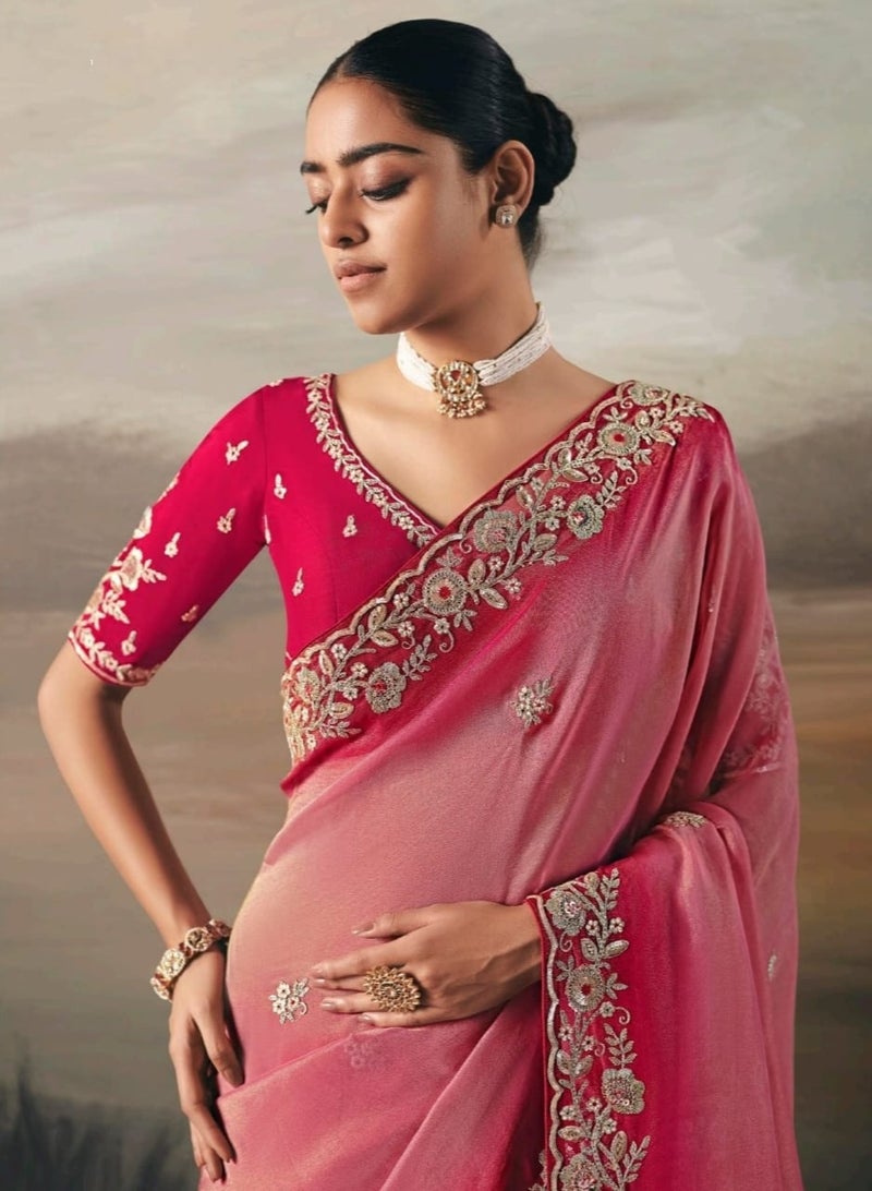 Grab Mantra Light Pink Tissue Silk Saree Dark At Border And Light In Center Plus Full Embroidery Unstitched Blouse - Image 3